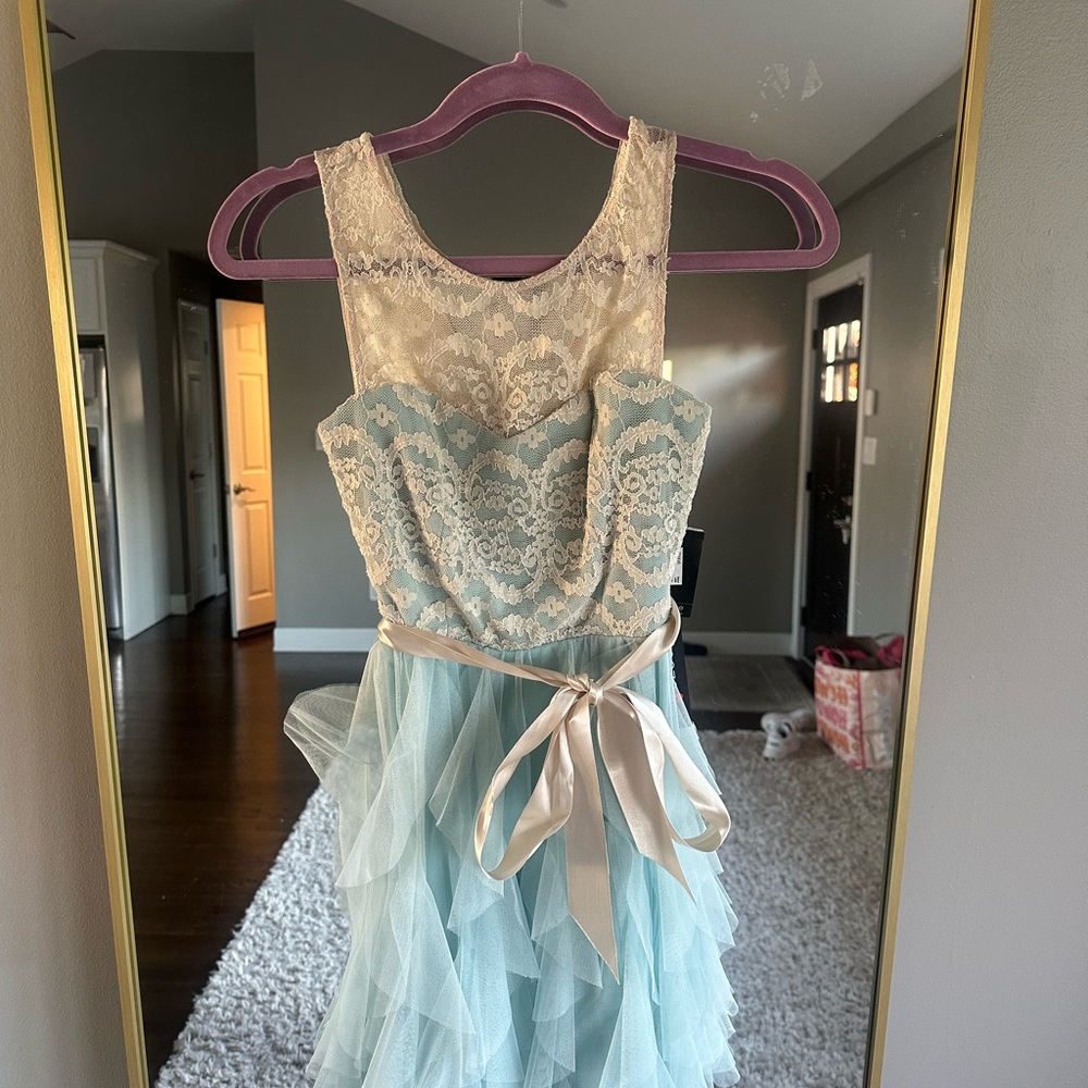 Elegant Lace Kids Dress in Cream and Blue